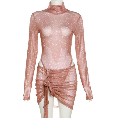 Women's fashion long sleeved sexy perspective one-piece dress slim skirt suit