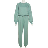 Women's fashion round neck long sleeved T-shirt slim casual pants suit