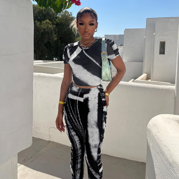 Women's fashion round neck printed T-shirt slim low waist pants suit