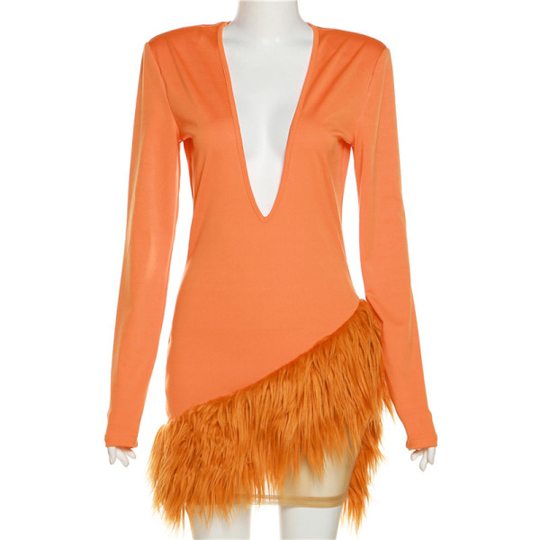 Women's sexy low cut V-neck fur free hem dress