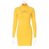Fashion lettering print slim long sleeve hip wrap dress