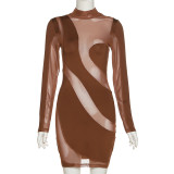 Women's fashion round neck long sleeve sexy perspective slim bag hip dress