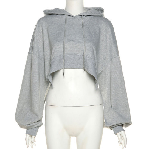 Women's fashion long sleeved short open navel loose casual hoodie