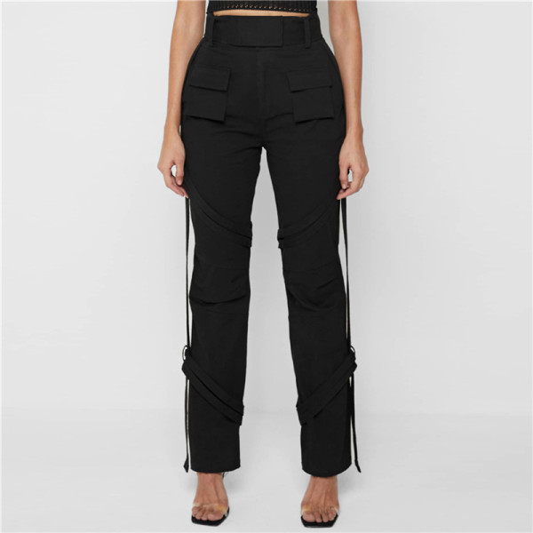 Women's fashionable high waist design sense of individuality slim casual straight trousers