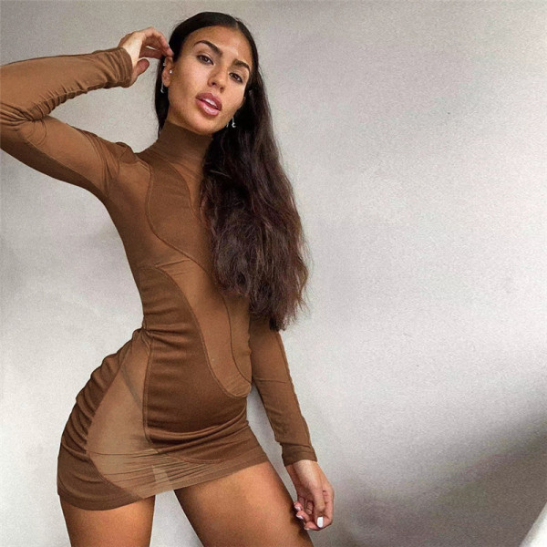 Women's fashion round neck long sleeve sexy perspective slim bag hip dress