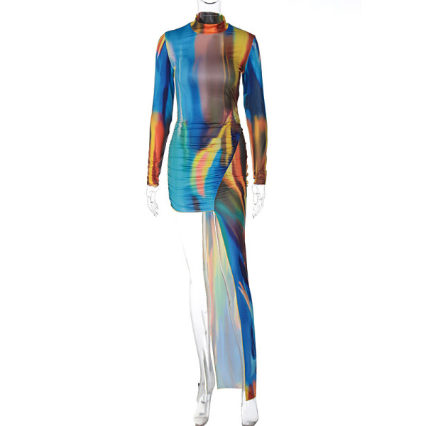 Fashion printed irregular round neck long sleeve slim fitting dress