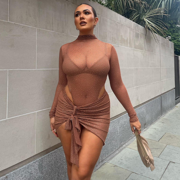 Women's fashion long sleeved sexy perspective one-piece dress slim skirt suit