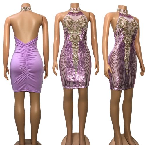Women's sexy backless dress sequins tight skirt