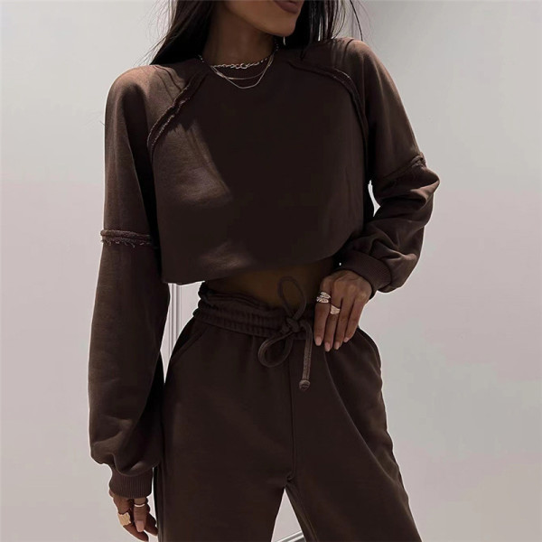 Women's fashion round neck long sleeved T-shirt slim casual pants suit