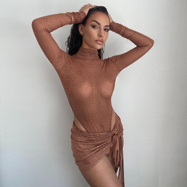 Women's fashion long sleeved sexy perspective one-piece dress slim skirt suit