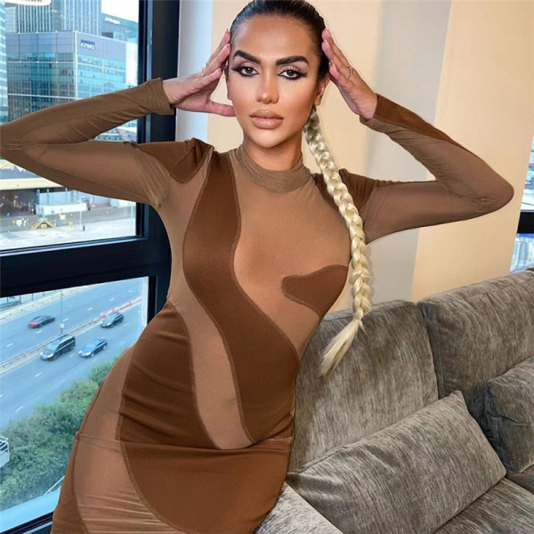 Women's fashion round neck long sleeve sexy perspective slim bag hip dress