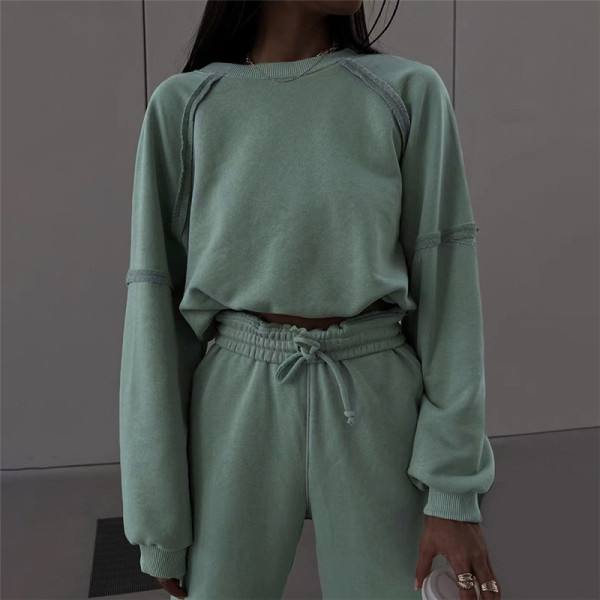 Women's fashion round neck long sleeved T-shirt slim casual pants suit