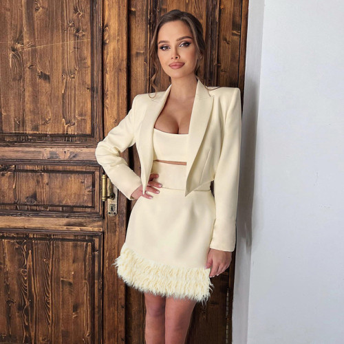 Women's fashion long sleeved short small suit coat slim skirt suit
