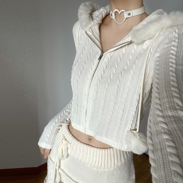 Casual basic simple fried dough twist texture short cardigan autumn and winter new wool splicing zipper hoodie