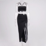 Women's pleated open navel sling high split long skirt two-piece set