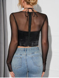 Sexy and fashionable fishbone hollow perspective screen yarn colored T-shirt