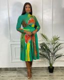 Fashion women's fashion printed pleated high waist skirt suit