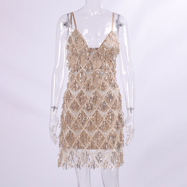Sexy V-neck sequin tassel dress