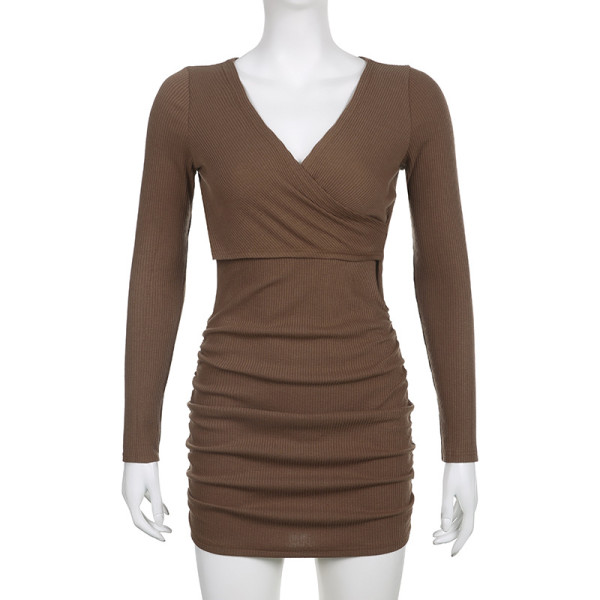 Waist tight sexy wrap hip skirt V-neck pleated design stretch thin dress