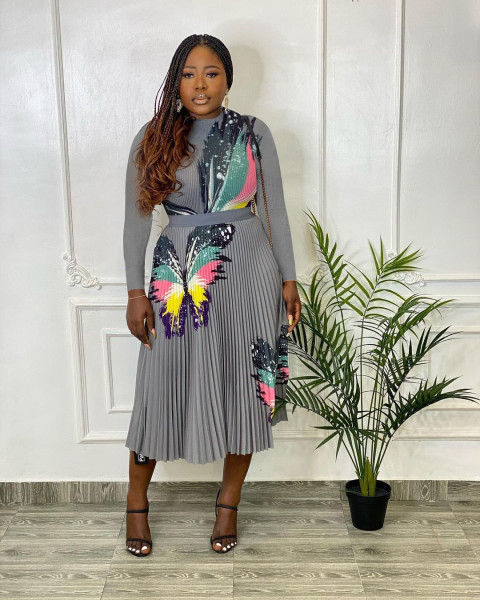 Fashion women's fashion printed pleated high waist skirt suit