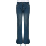 Low rise denim overalls Personalized webbing splicing, worn washed hip lifting, slim and slightly flared pants
