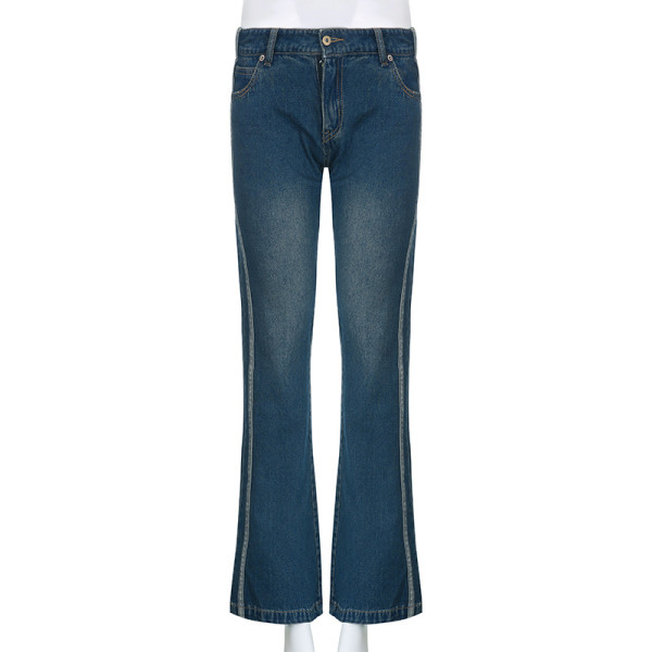 Low rise denim overalls Personalized webbing splicing, worn washed hip lifting, slim and slightly flared pants