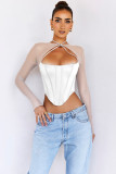 Sexy and fashionable fishbone hollow perspective screen yarn colored T-shirt