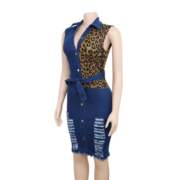 V-neck high elastic leopard print patchwork washable hole denim skirt
