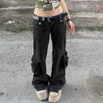 Street waste geotextile style multi pocket straight jeans Spice girl low waist slim casual trousers Street waste geotextile style multi pocket straight jeans Spice girl low waist slim casual trousers