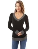 Sexy V-Neck Comfortable Long Sleeve Featured Color Contrast T-Shirt
