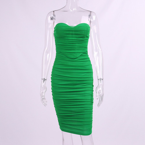 Mesh fishbone pleated chest wrap hip dress
