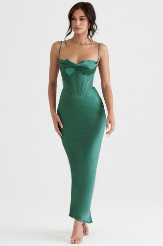 Sexy pile neck satin fishbone pleated suspender dress