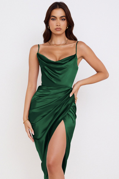 Women's sexy color pile neck pleated backless dress