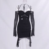 Pleated Hollow Slim Neck Wrap Hip Dress