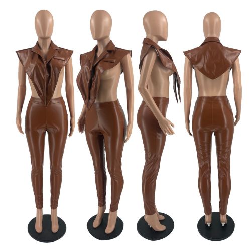 Leather two-piece personality cardigan suit