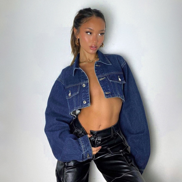 Denim style hot girl short long sleeve denim top cool and handsome street style casual long sleeve blouse coat