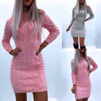 Sexy round neck style waist closing sweater dress