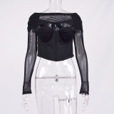 Mesh fishbone perspective shoulder exposed navel short T-shirt top