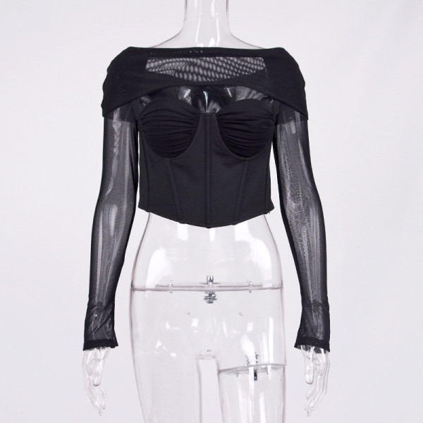 Mesh fishbone perspective shoulder exposed navel short T-shirt top