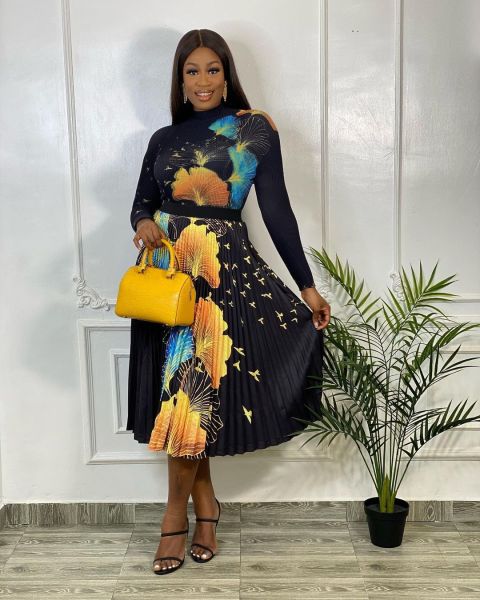 Fashion women's fashion printed pleated high waist skirt suit