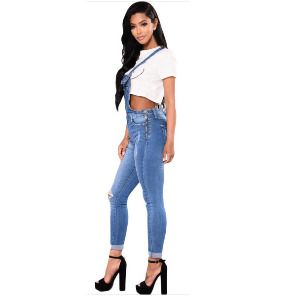 Women's tattered denim straps jeans small straight tube jumpsuit