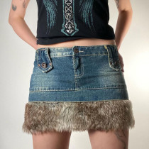 Brown hair strip splicing high waist skirt with waist closing and hip lifting denim skirt