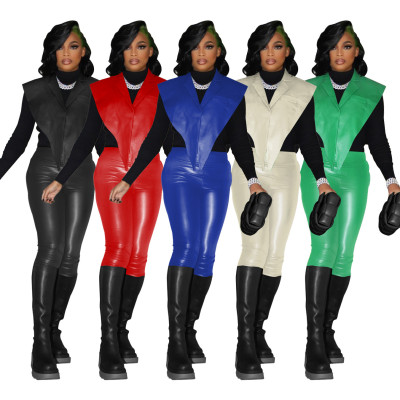 Leather two-piece personality cardigan suit