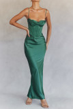 Sexy pile neck satin fishbone pleated suspender dress
