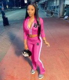Women's zipper split color contrast sports casual suit