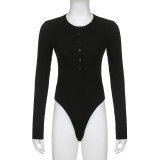 Solid Basic Rib Button V-Neck Long Sleeve Underlay Sexy Stretch Bodysuit