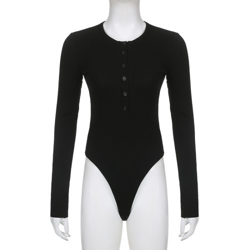 Solid Basic Rib Button V-Neck Long Sleeve Underlay Sexy Stretch Bodysuit