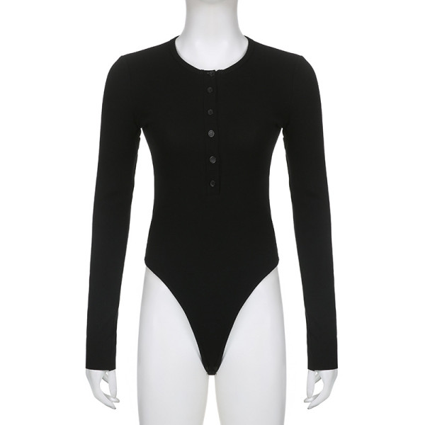 Solid Basic Rib Button V-Neck Long Sleeve Underlay Sexy Stretch Bodysuit