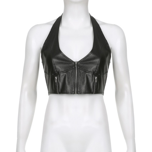 Sexy V-neck Fashion PU Leather Splice Zipper High Waist Neck Strap Tank Top