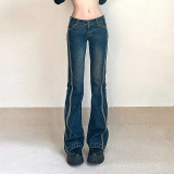 Low rise denim overalls Personalized webbing splicing, worn washed hip lifting, slim and slightly flared pants